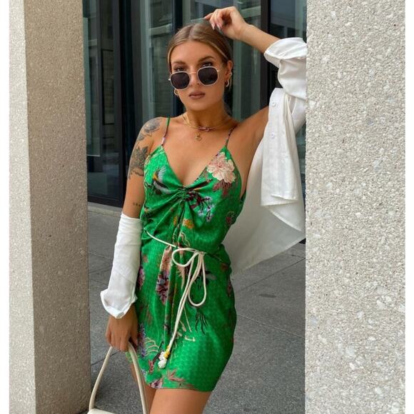 Zara Dresses & Skirts - ZARA Green Floral Slip Mini Dress NWT – V-Neck Ruched Tie Spaghetti Strap, SZ M